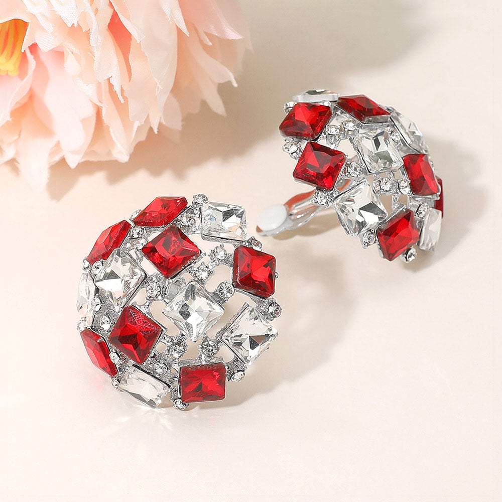 Square Stone Cluster Embellished Dome Evening Clip On Earrings - Madeline Love - Flyclothing LLC