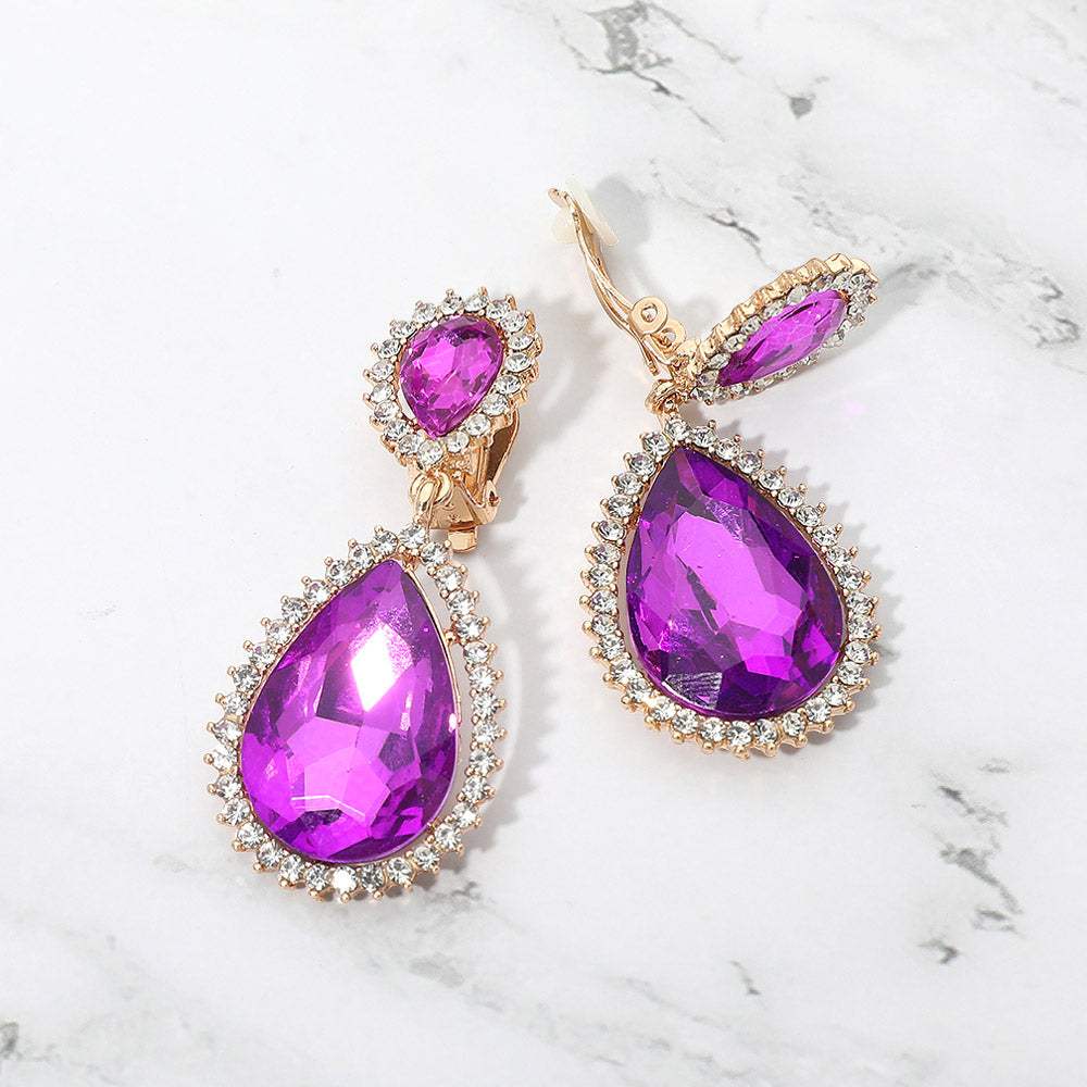Crystal Pave Trim Teardrop clip on Earrings - Madeline Love - Flyclothing LLC