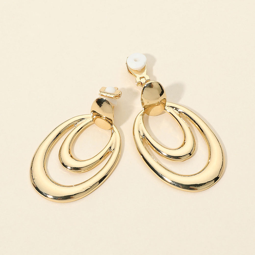 Layered Open Oval Drop Clip On Earrings