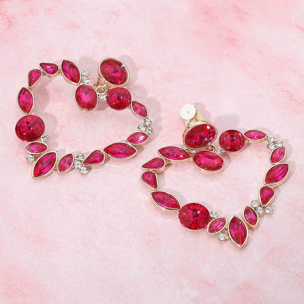 Oval Marquise Teardrop Stone Cluster Open Heart Drop Evening Statement Earrings - Madeline Love - Flyclothing LLC