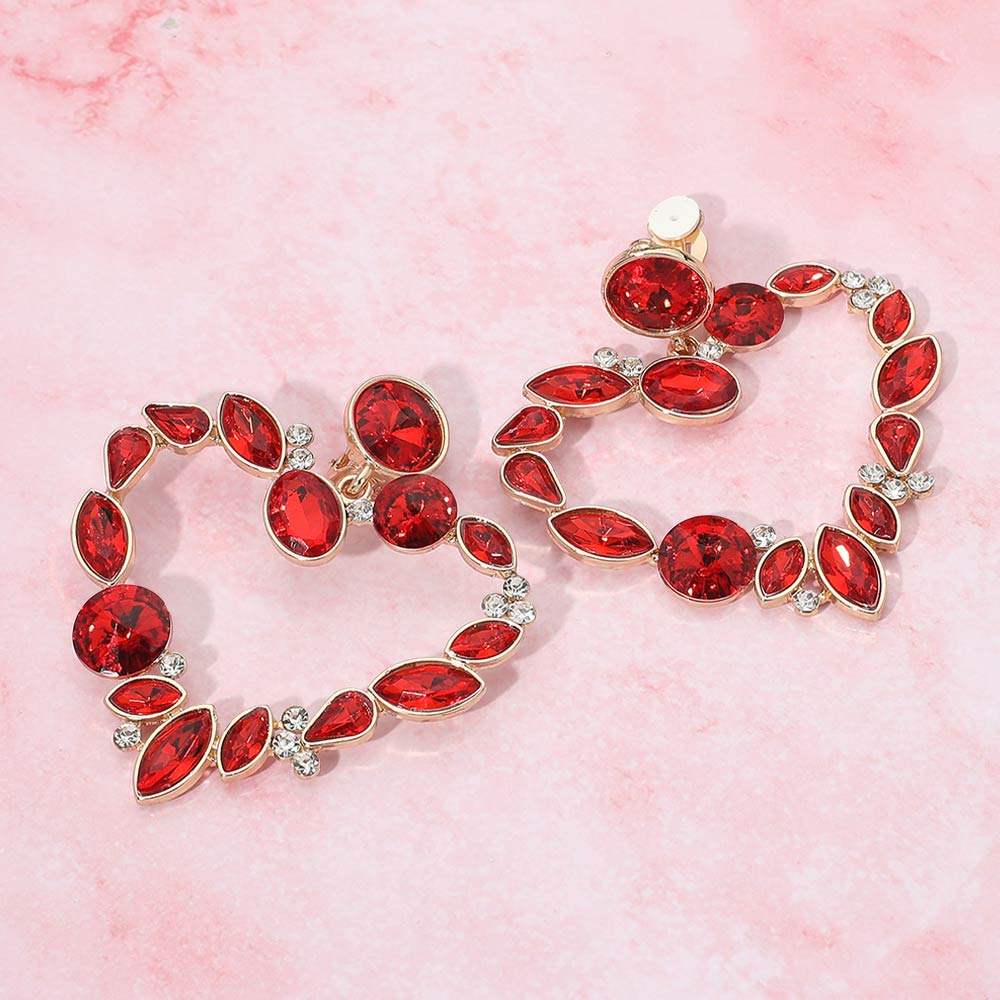 Oval Marquise Teardrop Stone Cluster Open Heart Drop Evening Statement Earrings - Madeline Love - Flyclothing LLC