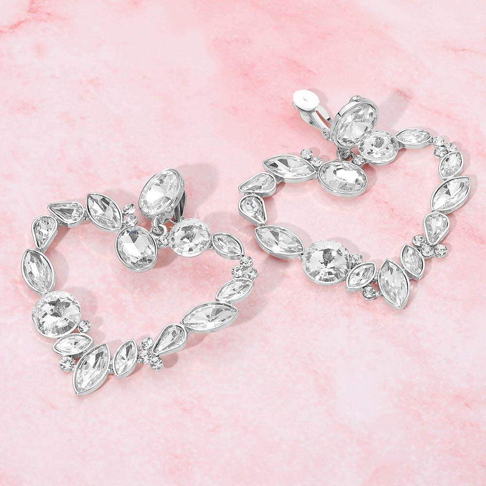 Oval Marquise Teardrop Stone Cluster Open Heart Drop Evening Statement Earrings - Madeline Love - Flyclothing LLC
