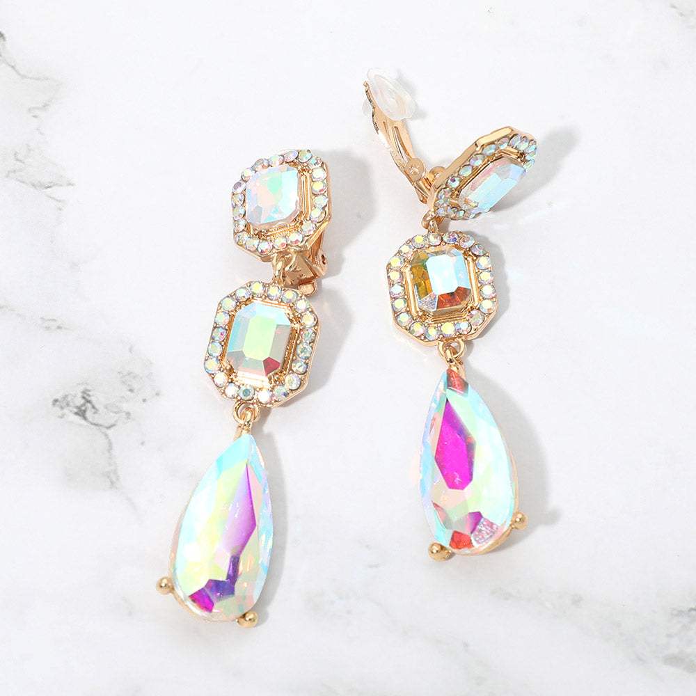 Square Halo Teardrop Stone Cluster Link Drop Evening Clip On Earrings - Madeline Love - Flyclothing LLC