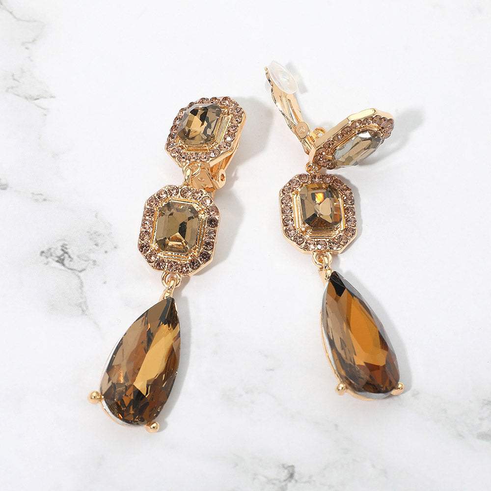 Square Halo Teardrop Stone Cluster Link Drop Evening Clip On Earrings - Madeline Love - Flyclothing LLC