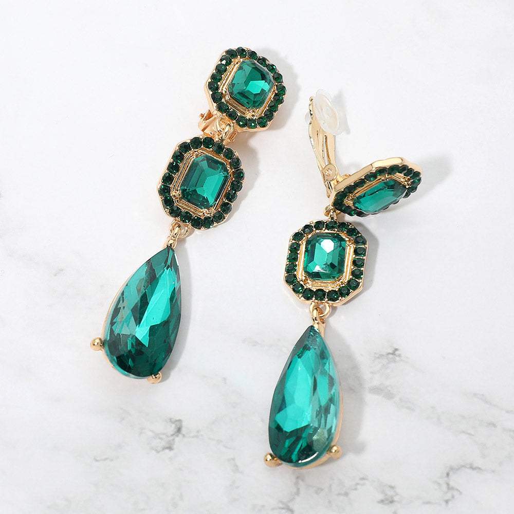 Square Halo Teardrop Stone Cluster Link Drop Evening Clip On Earrings - Madeline Love - Flyclothing LLC