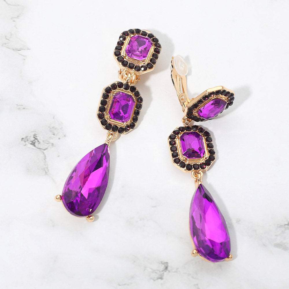 Square Halo Teardrop Stone Cluster Link Drop Evening Clip On Earrings - Madeline Love - Flyclothing LLC