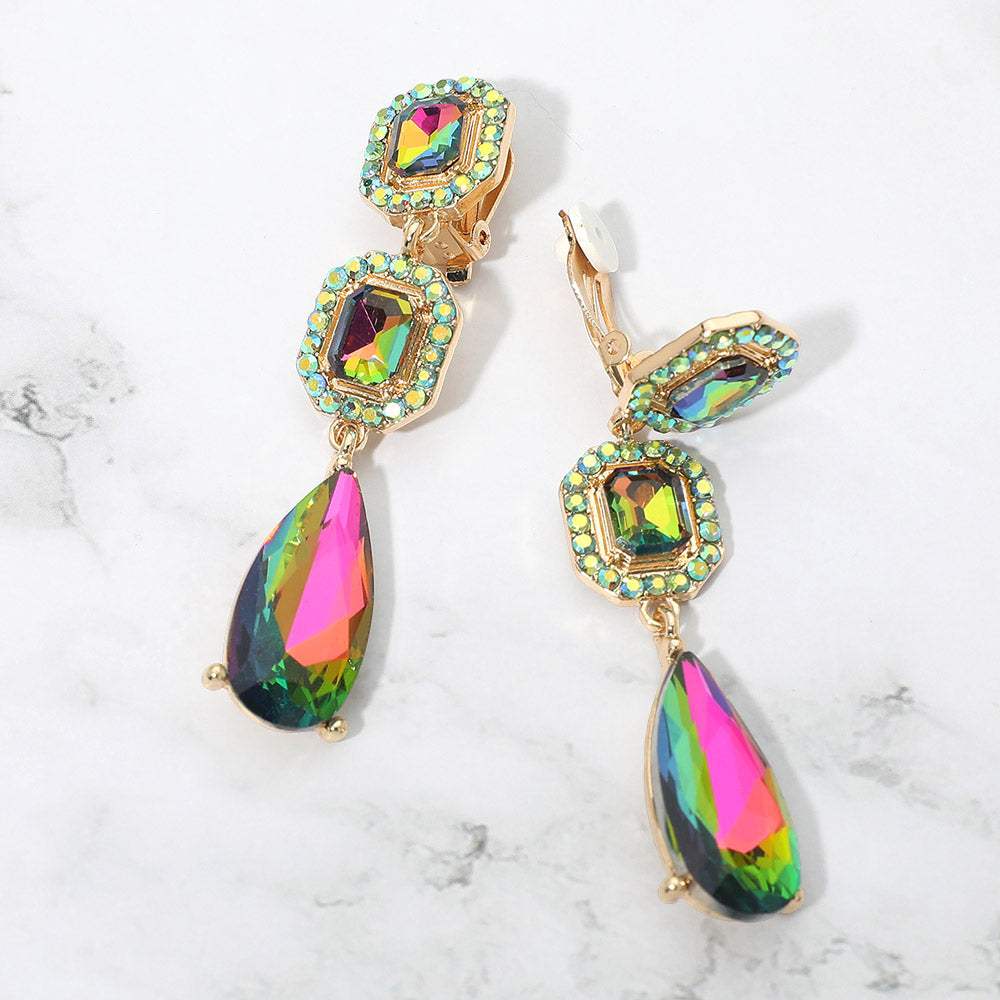 Square Halo Teardrop Stone Cluster Link Drop Evening Clip On Earrings - Madeline Love - Flyclothing LLC