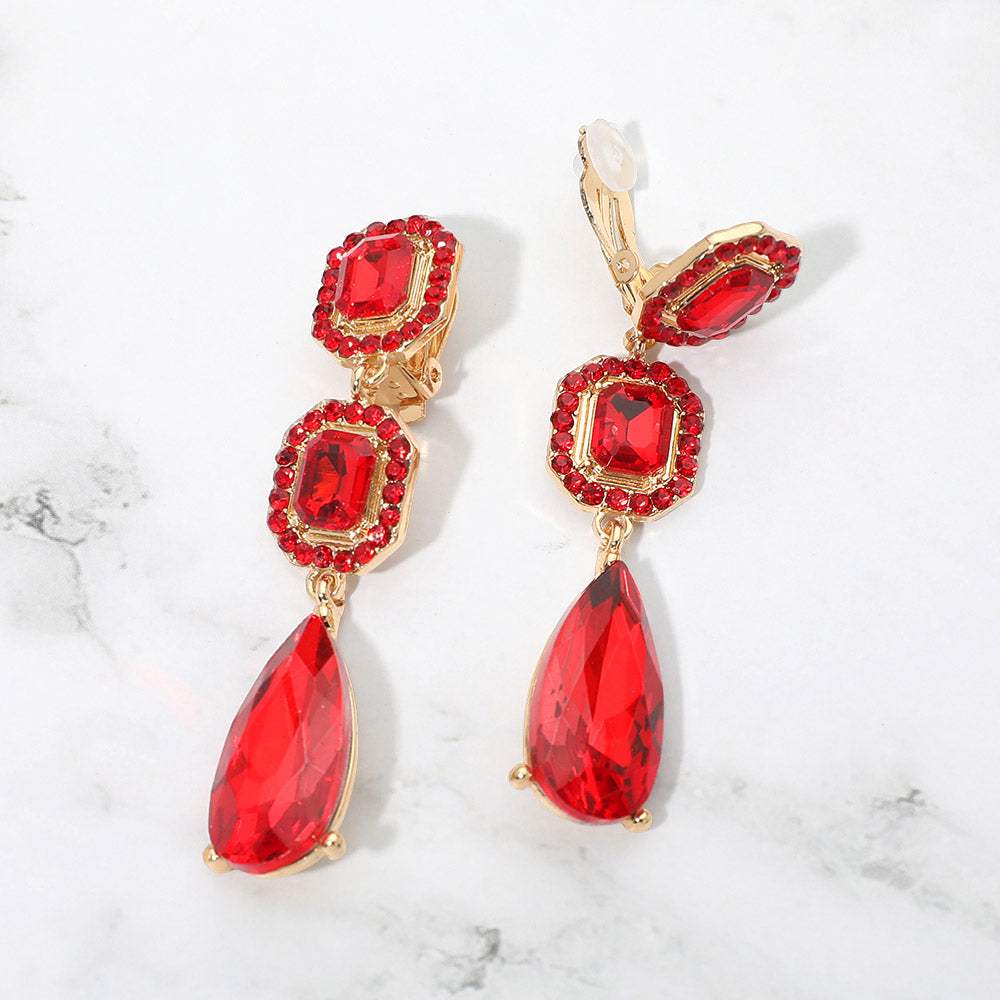 Square Halo Teardrop Stone Cluster Link Drop Evening Clip On Earrings - Madeline Love - Flyclothing LLC