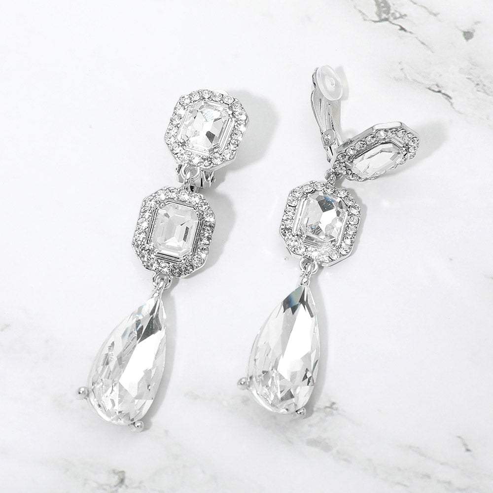 Square Halo Teardrop Stone Cluster Link Drop Evening Clip On Earrings - Madeline Love - Flyclothing LLC