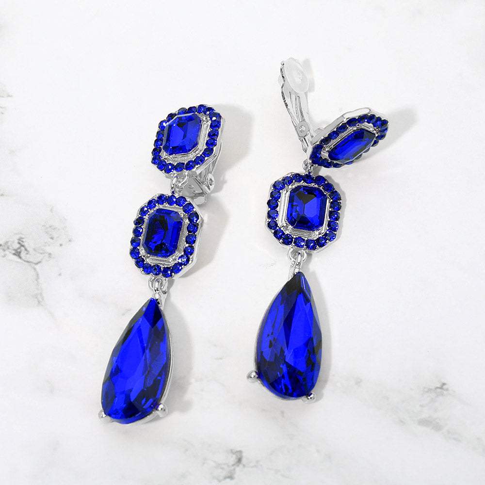 Square Halo Teardrop Stone Cluster Link Drop Evening Clip On Earrings - Madeline Love - Flyclothing LLC