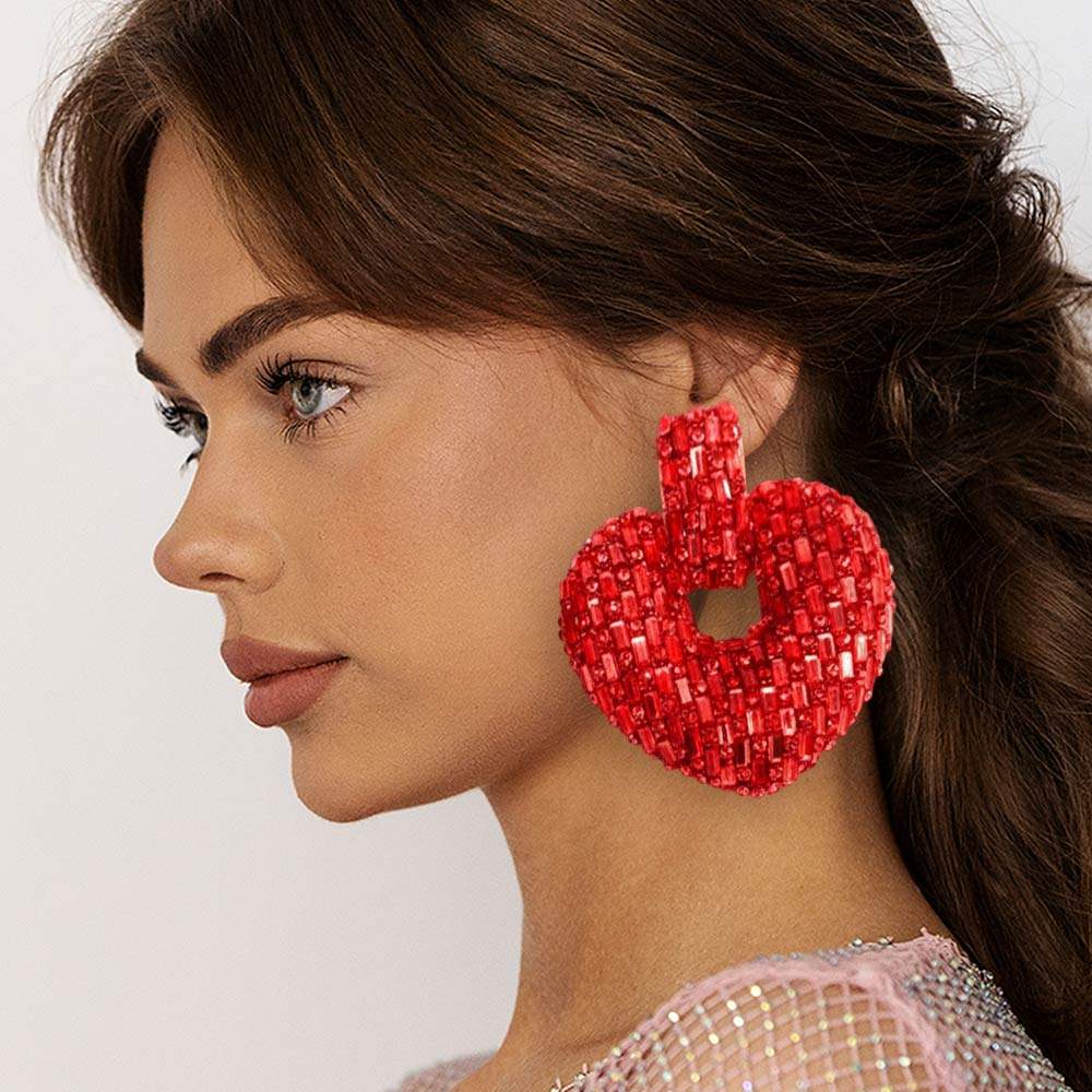 Cylinder Stone Embellished Heart Clip On Earrings - Madeline Love - Flyclothing LLC