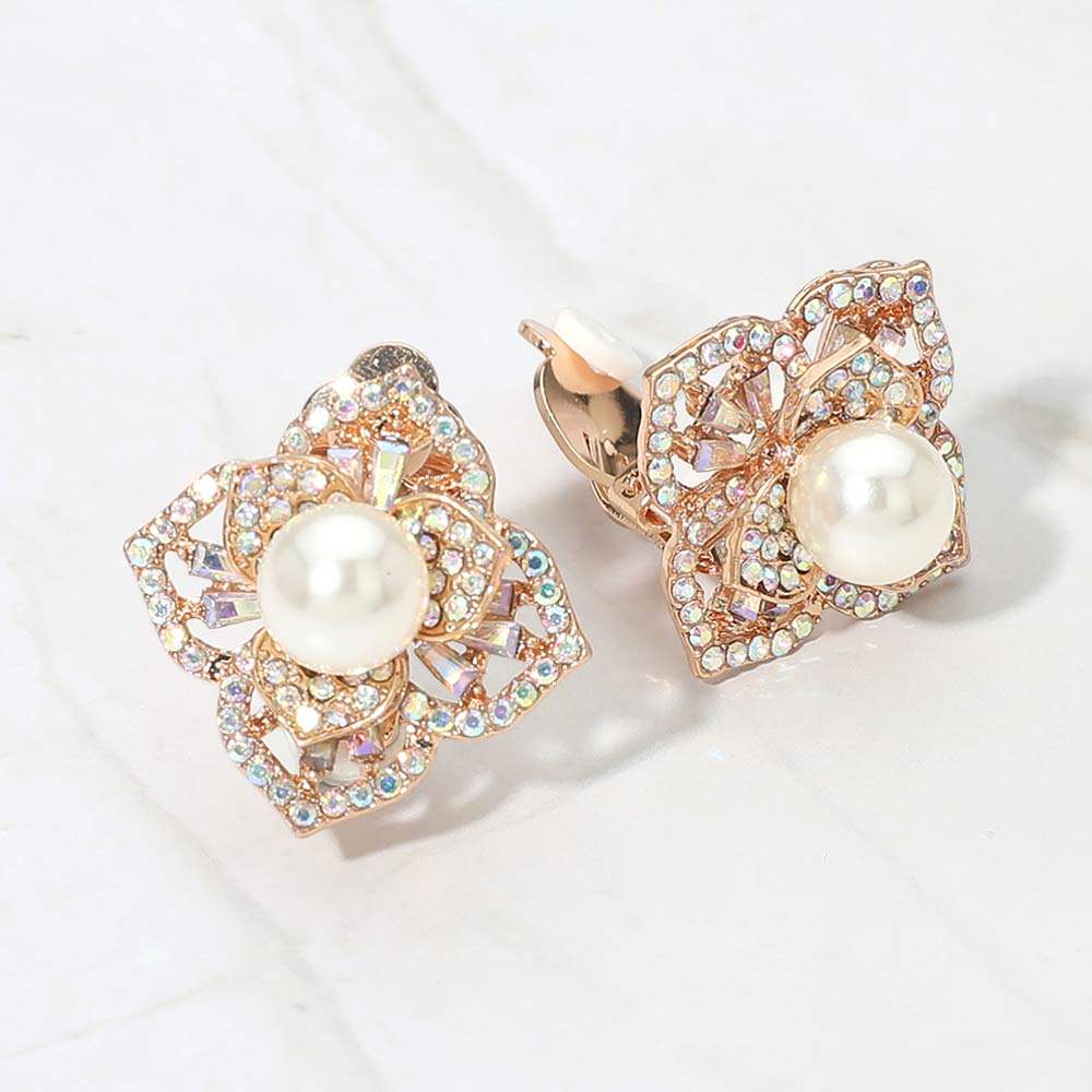 Pearl Center Rhinestone Pave Flower Clip On Earrings - Madeline Love - Flyclothing LLC