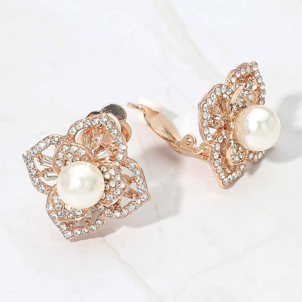 Pearl Center Rhinestone Pave Flower Clip On Earrings - Madeline Love - Flyclothing LLC
