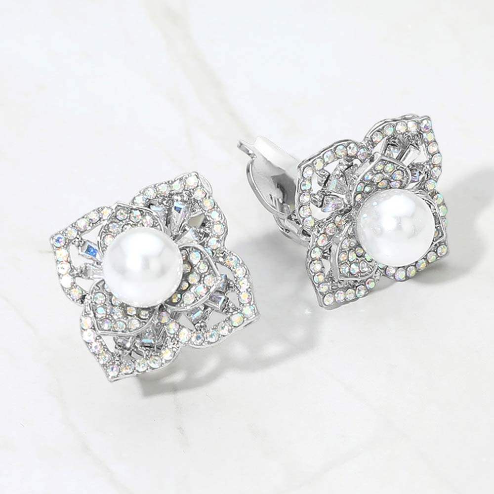 Pearl Center Rhinestone Pave Flower Clip On Earrings - Madeline Love - Flyclothing LLC