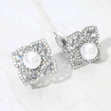 Pearl Center Rhinestone Pave Flower Clip On Earrings - Madeline Love - Flyclothing LLC