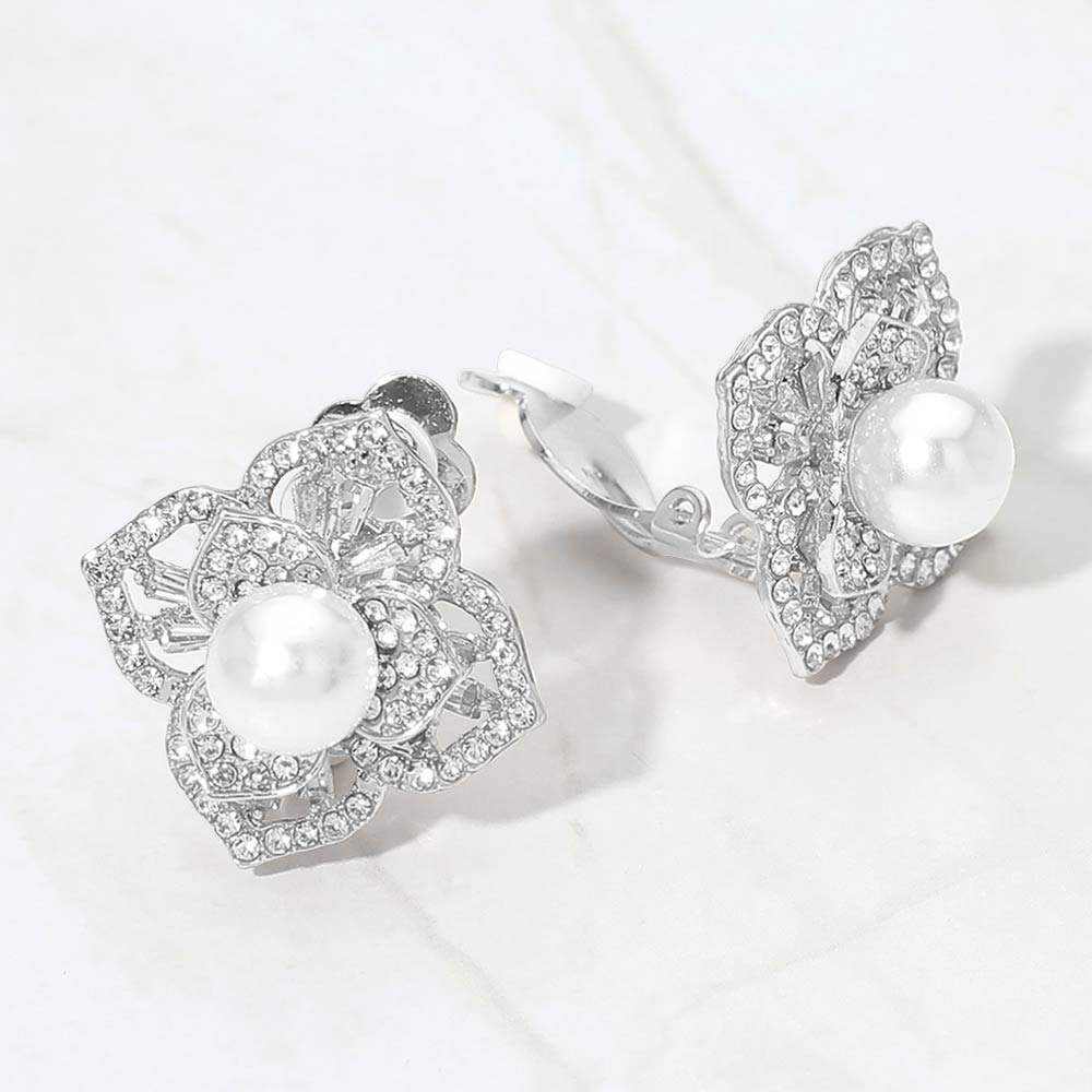 Pearl Center Rhinestone Pave Flower Clip On Earrings - Madeline Love - Flyclothing LLC