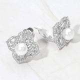 Pearl Center Rhinestone Pave Flower Clip On Earrings - Madeline Love - Flyclothing LLC