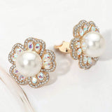 Pearl Center Rhinestone Embellished Floral Clip On Earrings - Madeline Love - Flyclothing LLC