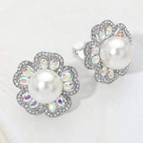 Pearl Center Rhinestone Embellished Floral Clip On Earrings - Madeline Love - Flyclothing LLC