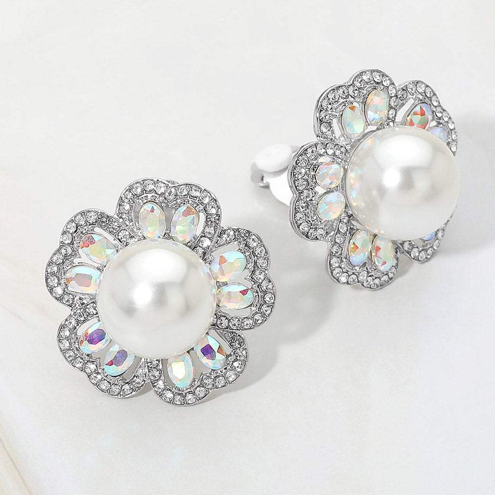 Pearl Center Rhinestone Embellished Floral Clip On Earrings - Madeline Love - Flyclothing LLC