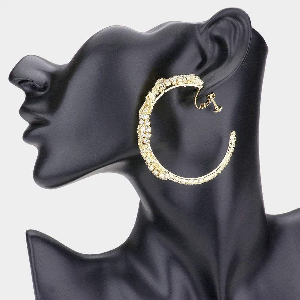 Twisted Crystal Rhinestone Hoop Clip Earrings - Madeline Love - Flyclothing LLC