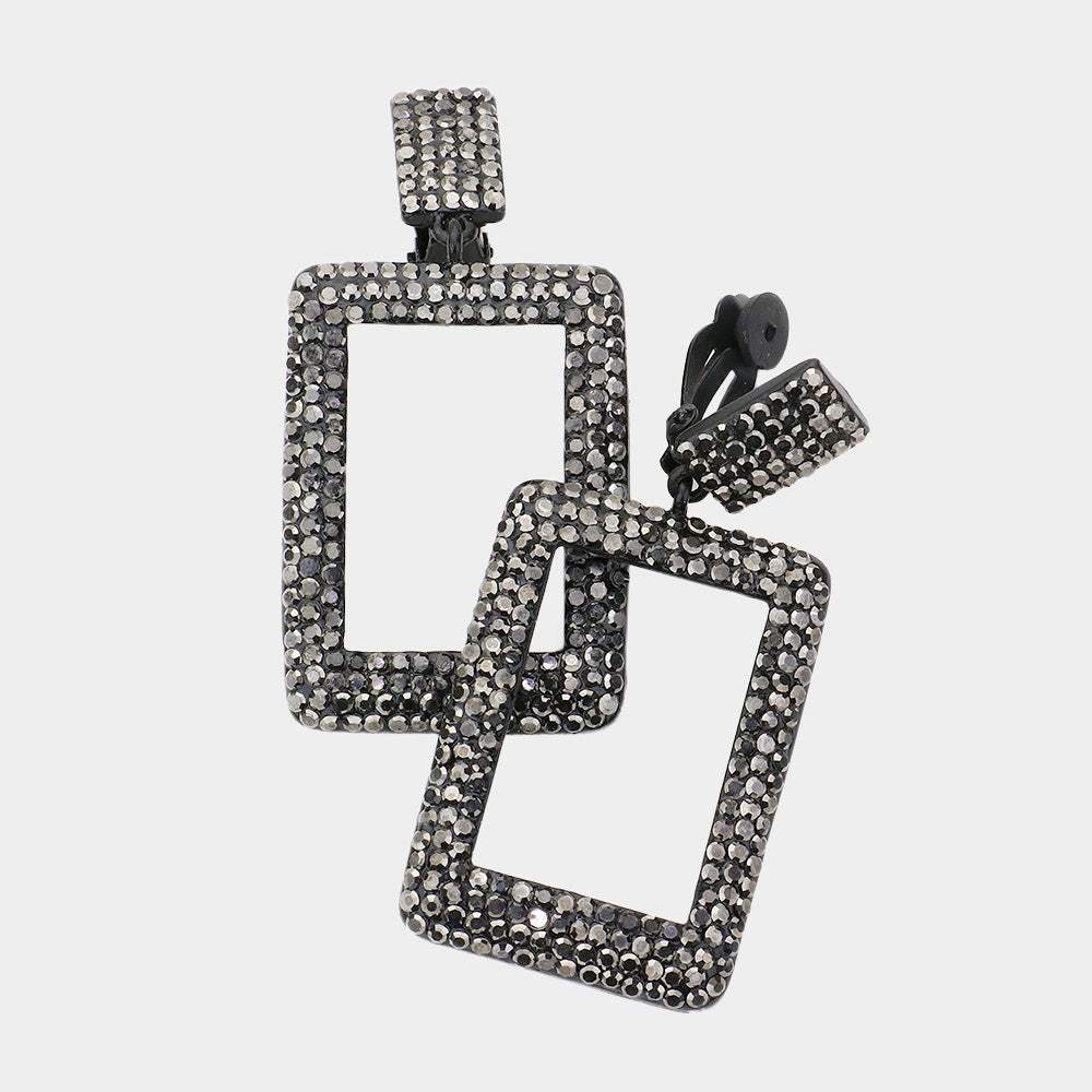 Rhinestone Embellished Open Rectangle Dangle Evening Earrings - Madeline Love - Flyclothing LLC