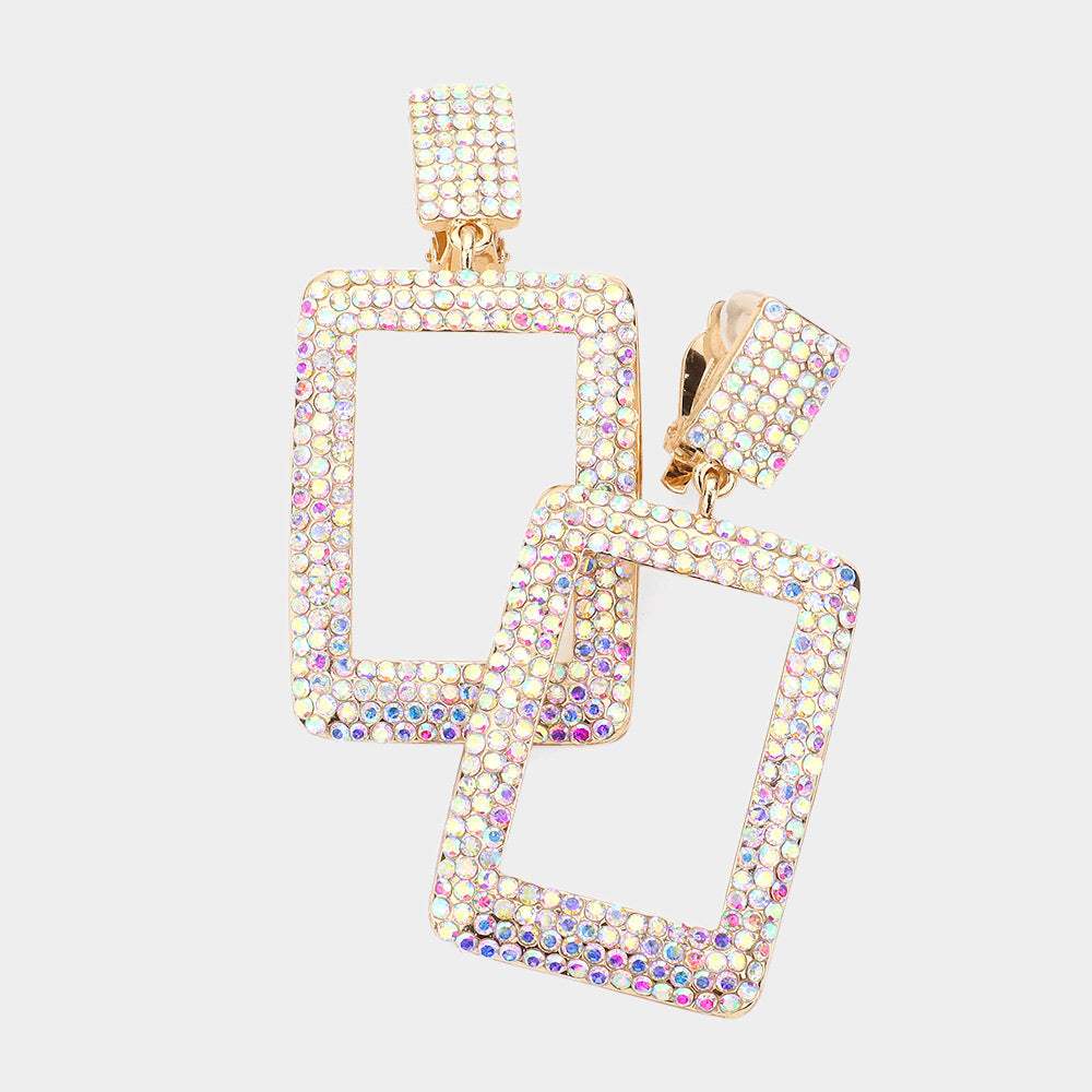 Rhinestone Embellished Open Rectangle Dangle Evening Earrings - Madeline Love - Flyclothing LLC