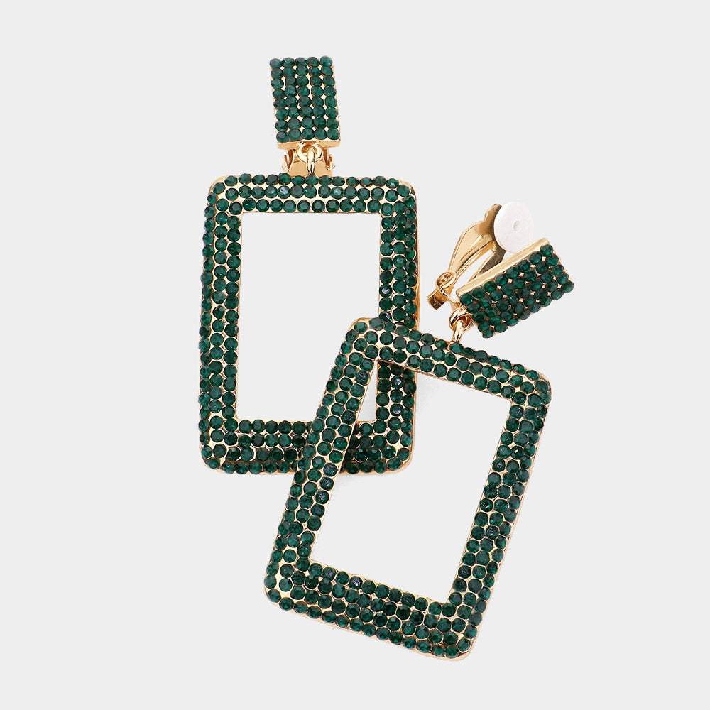 Rhinestone Embellished Open Rectangle Dangle Evening Earrings - Madeline Love - Flyclothing LLC