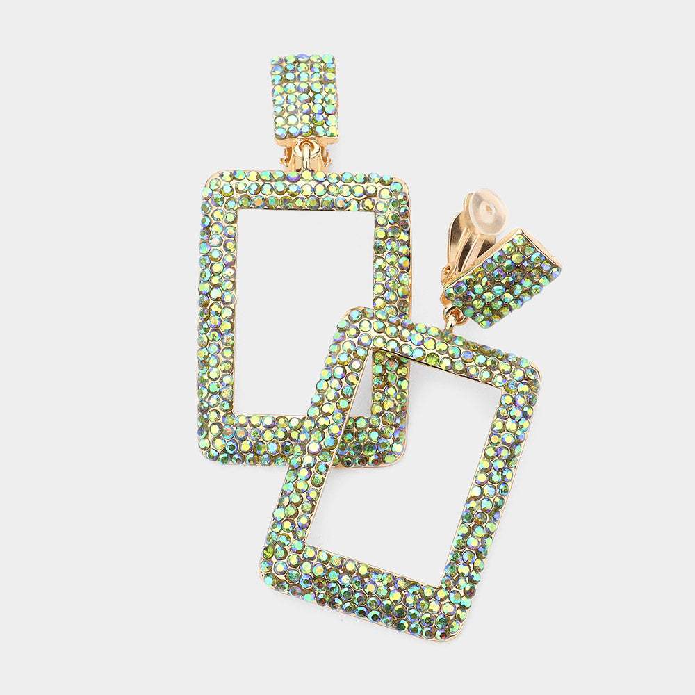 Rhinestone Embellished Open Rectangle Dangle Evening Earrings - Madeline Love - Flyclothing LLC