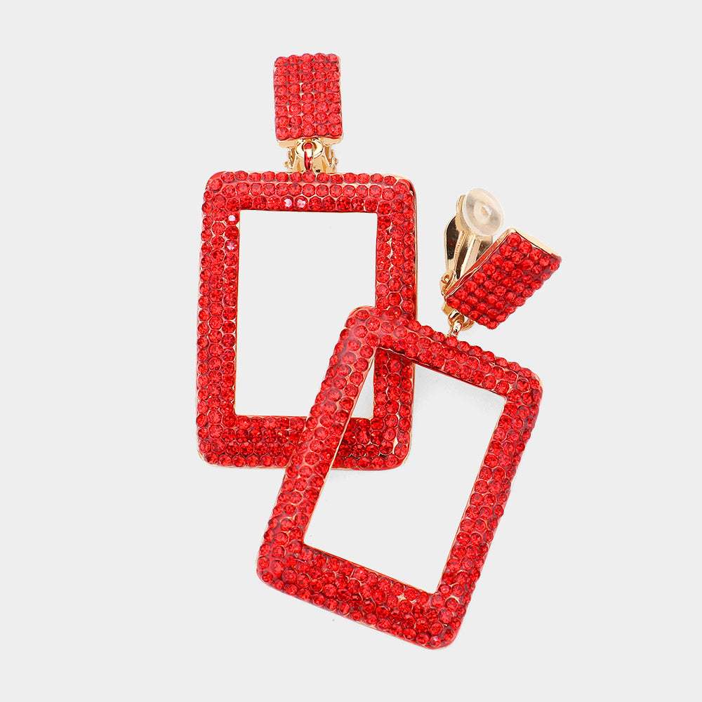 Rhinestone Embellished Open Rectangle Dangle Evening Earrings - Madeline Love - Flyclothing LLC