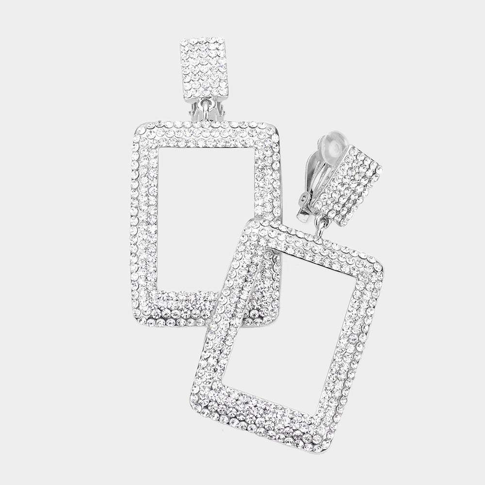 Rhinestone Embellished Open Rectangle Dangle Evening Earrings - Madeline Love - Flyclothing LLC