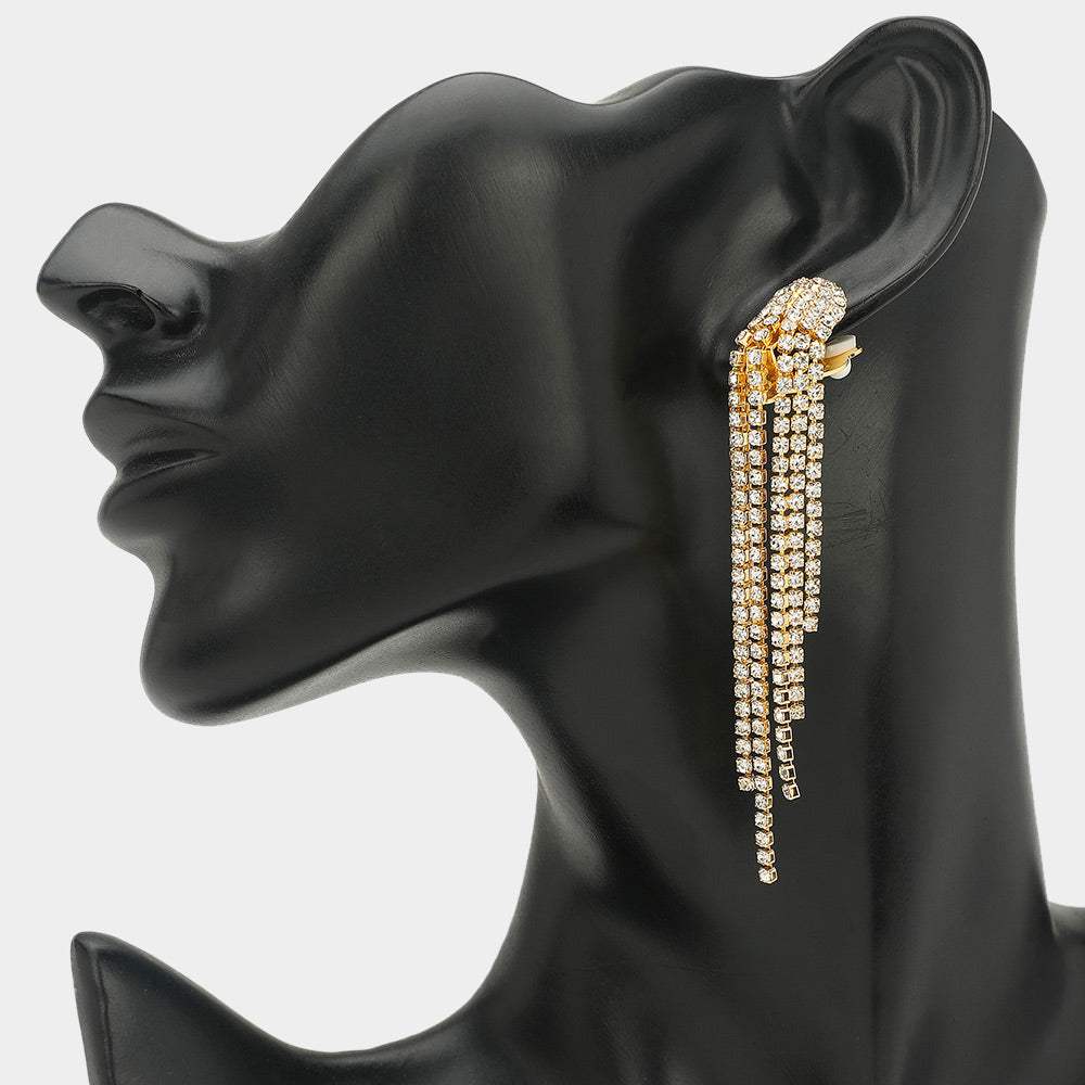 Crystal Rhinestone Long Fringe Clip on Earrings - Madeline Love - Flyclothing LLC