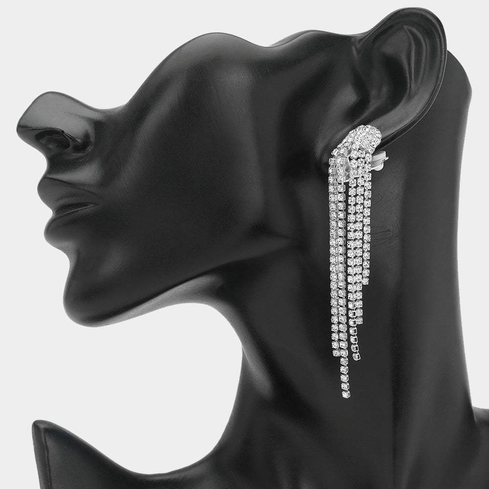 Crystal Rhinestone Long Fringe Clip on Earrings - Madeline Love - Flyclothing LLC
