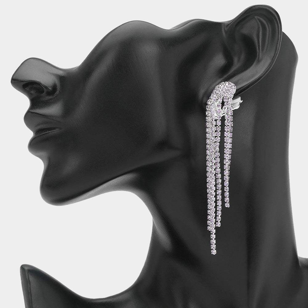 Crystal Rhinestone Long Fringe Clip on Earrings - Madeline Love - Flyclothing LLC