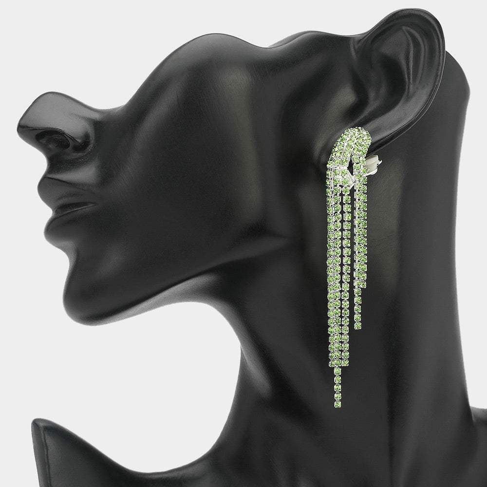 Crystal Rhinestone Long Fringe Clip on Earrings - Madeline Love - Flyclothing LLC