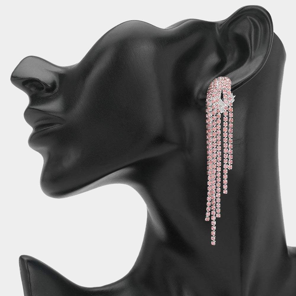 Crystal Rhinestone Long Fringe Clip on Earrings - Madeline Love - Flyclothing LLC