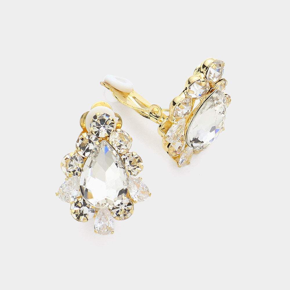 Teardrop Centered Bubble Stone Trimmed Clip on Earrings - Madeline Love - Flyclothing LLC