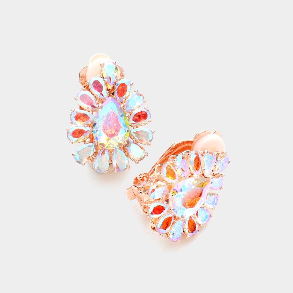 Teardrop Stone Cluster Clip On Evening Earrings - Madeline Love - Flyclothing LLC