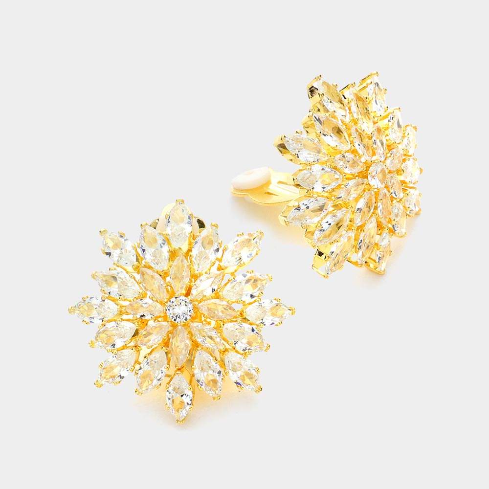 Floral Marquise Stone Cluster Clip On Evening Earrings - Madeline Love - Flyclothing LLC