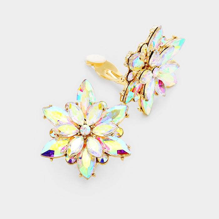 Crystal Flower Clip on Evening Earrings - Madeline Love - Flyclothing LLC