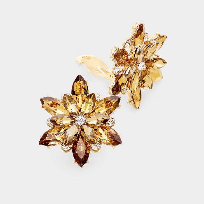 Crystal Flower Clip on Evening Earrings - Madeline Love - Flyclothing LLC