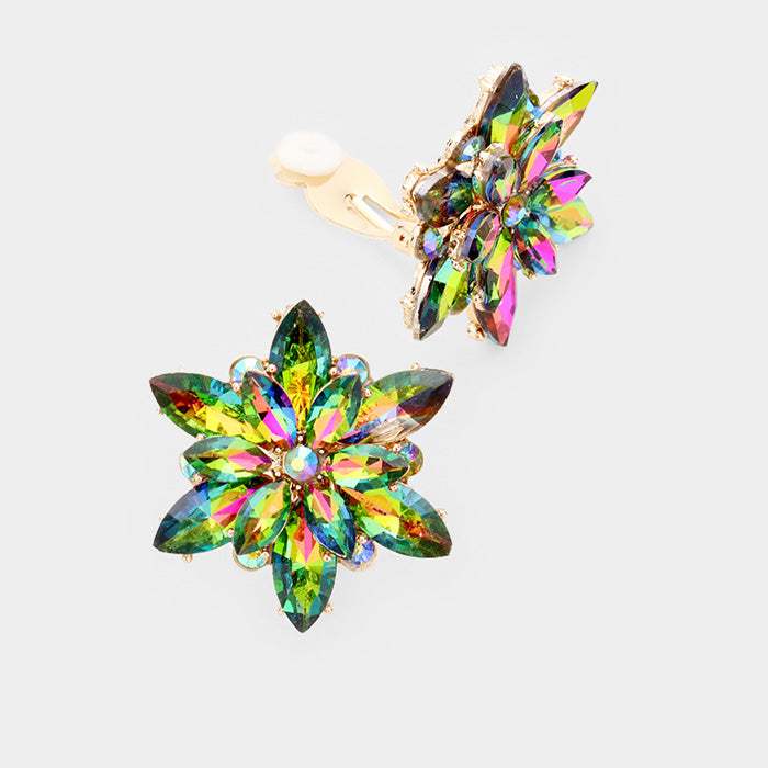 Crystal Flower Clip on Evening Earrings - Madeline Love - Flyclothing LLC