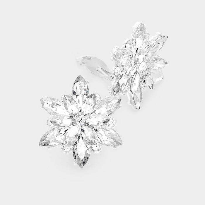 Crystal Flower Clip on Evening Earrings - Madeline Love - Flyclothing LLC