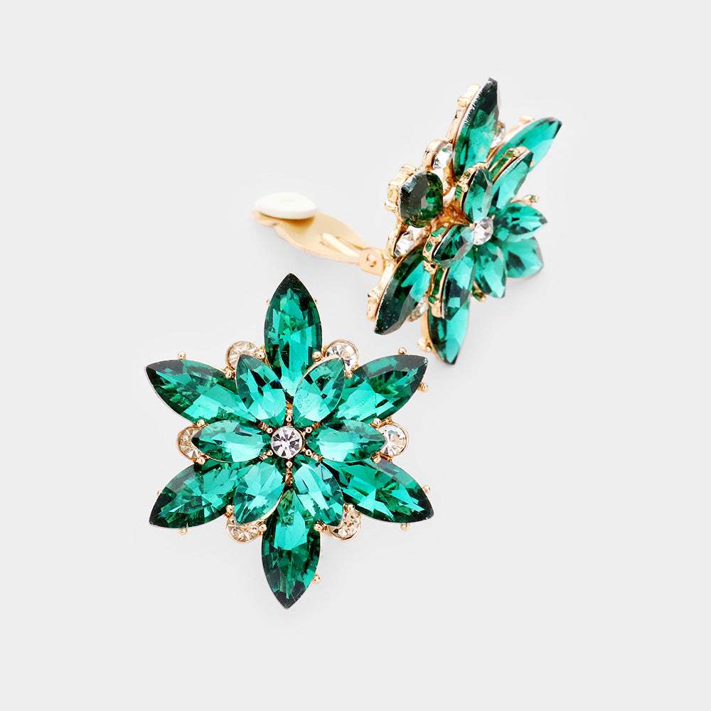 Crystal Flower Clip on Evening Earrings - Madeline Love - Flyclothing LLC