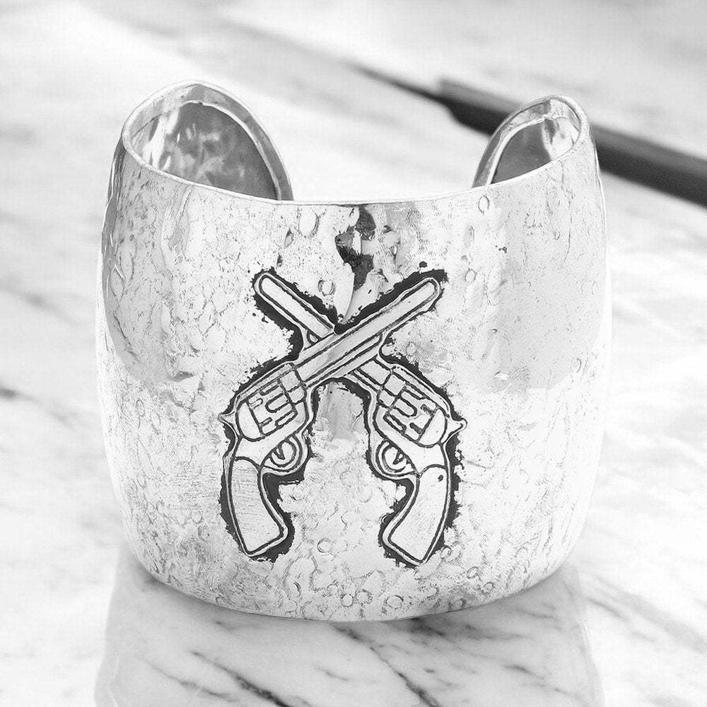 Hammered metal crossed gun cuff bracelet - Madeline Love - Flyclothing LLC