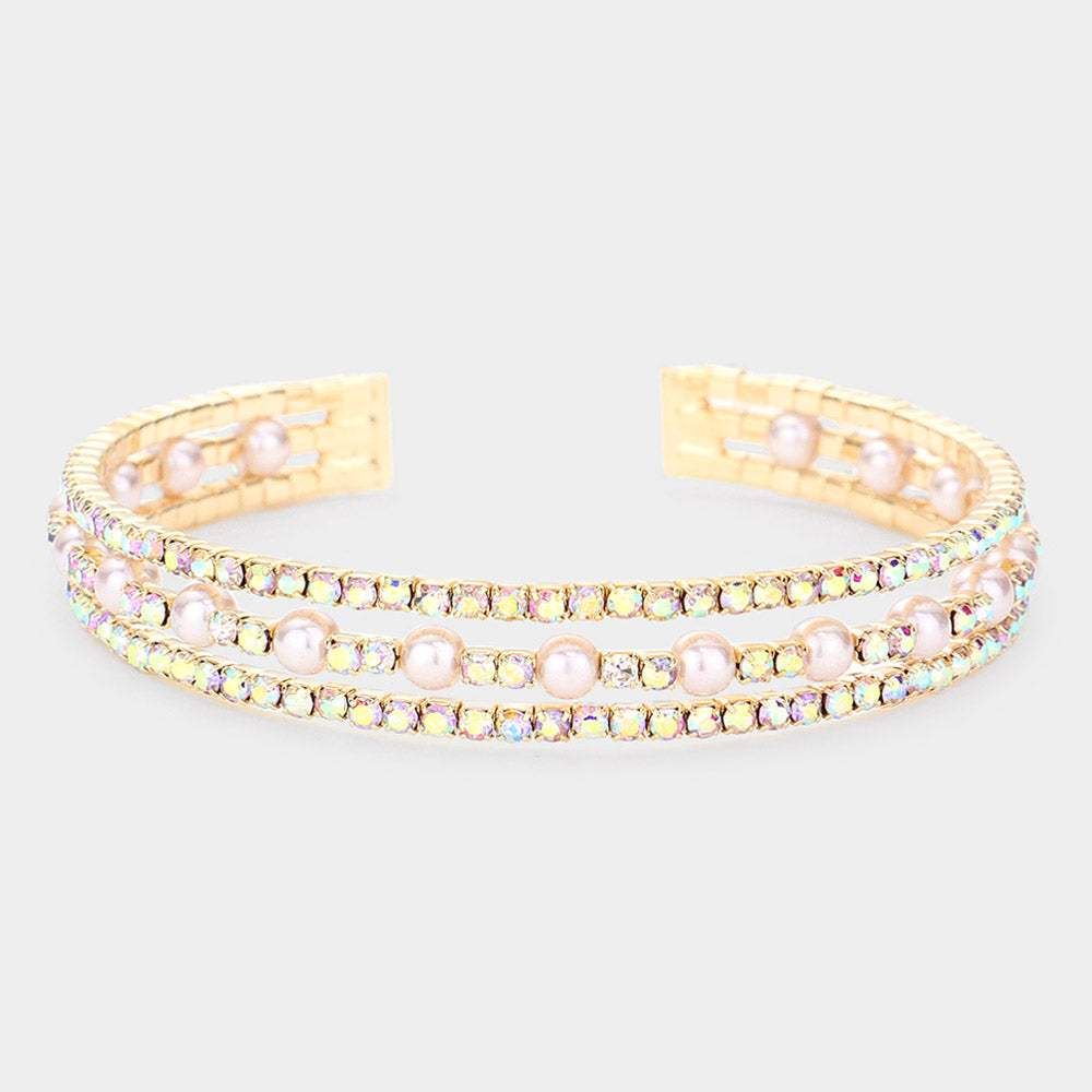 Pearl Accented Split Rhinestone Cuff Evening Bracelet - Madeline Love - Flyclothing LLC
