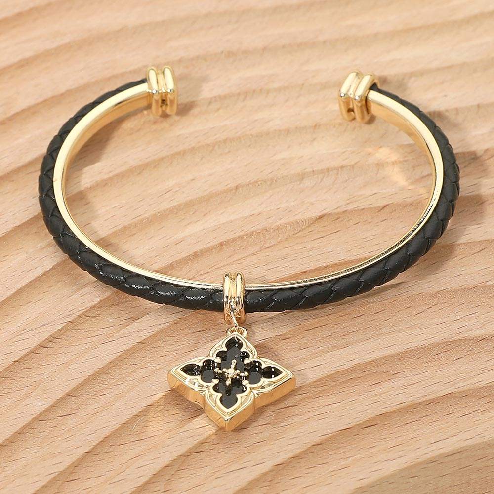 Floral Charm Accent Faux Leather Braided Cuff Bracelet - Madeline Love - Flyclothing LLC