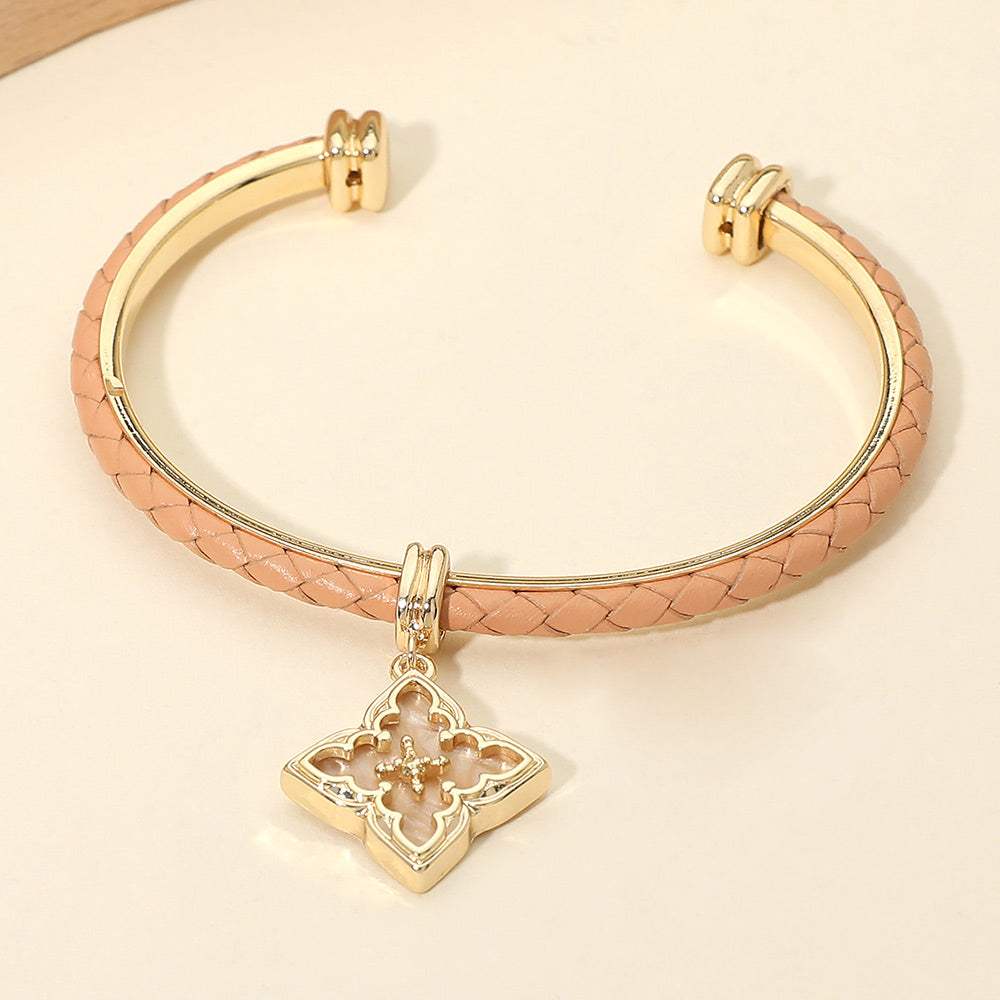 Floral Charm Accent Faux Leather Braided Cuff Bracelet - Madeline Love - Flyclothing LLC