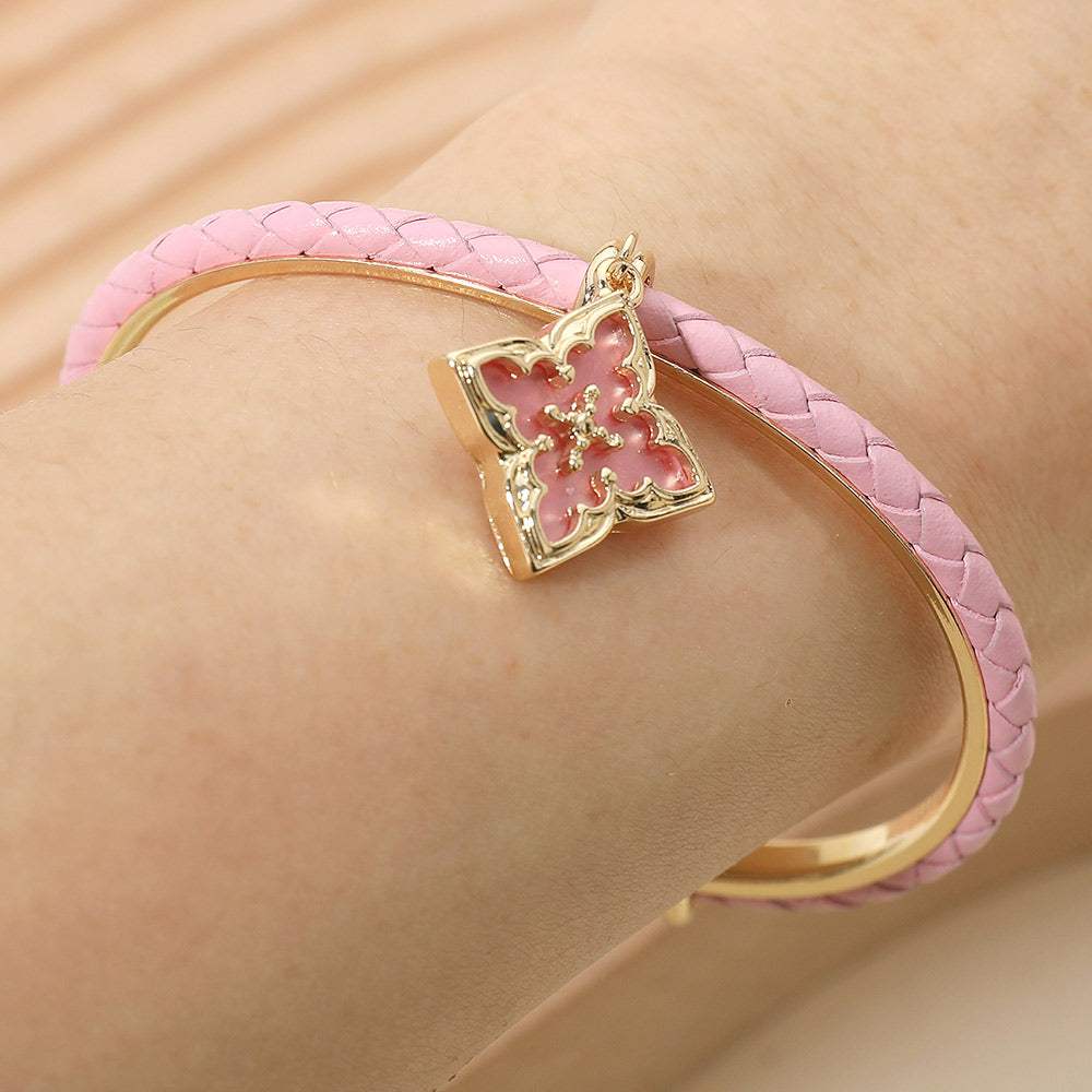 Floral Charm Accent Faux Leather Braided Cuff Bracelet - Madeline Love - Flyclothing LLC