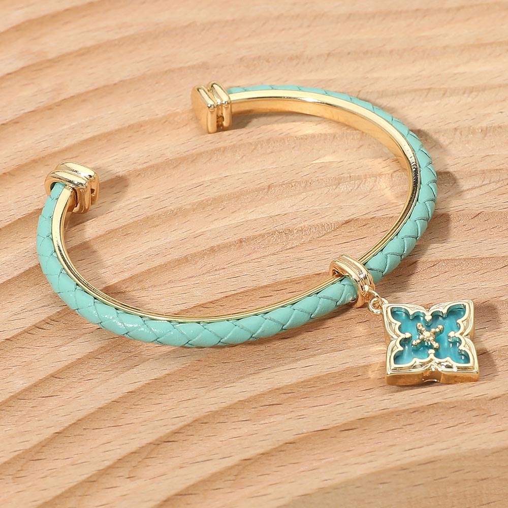 Floral Charm Accent Faux Leather Braided Cuff Bracelet - Madeline Love - Flyclothing LLC